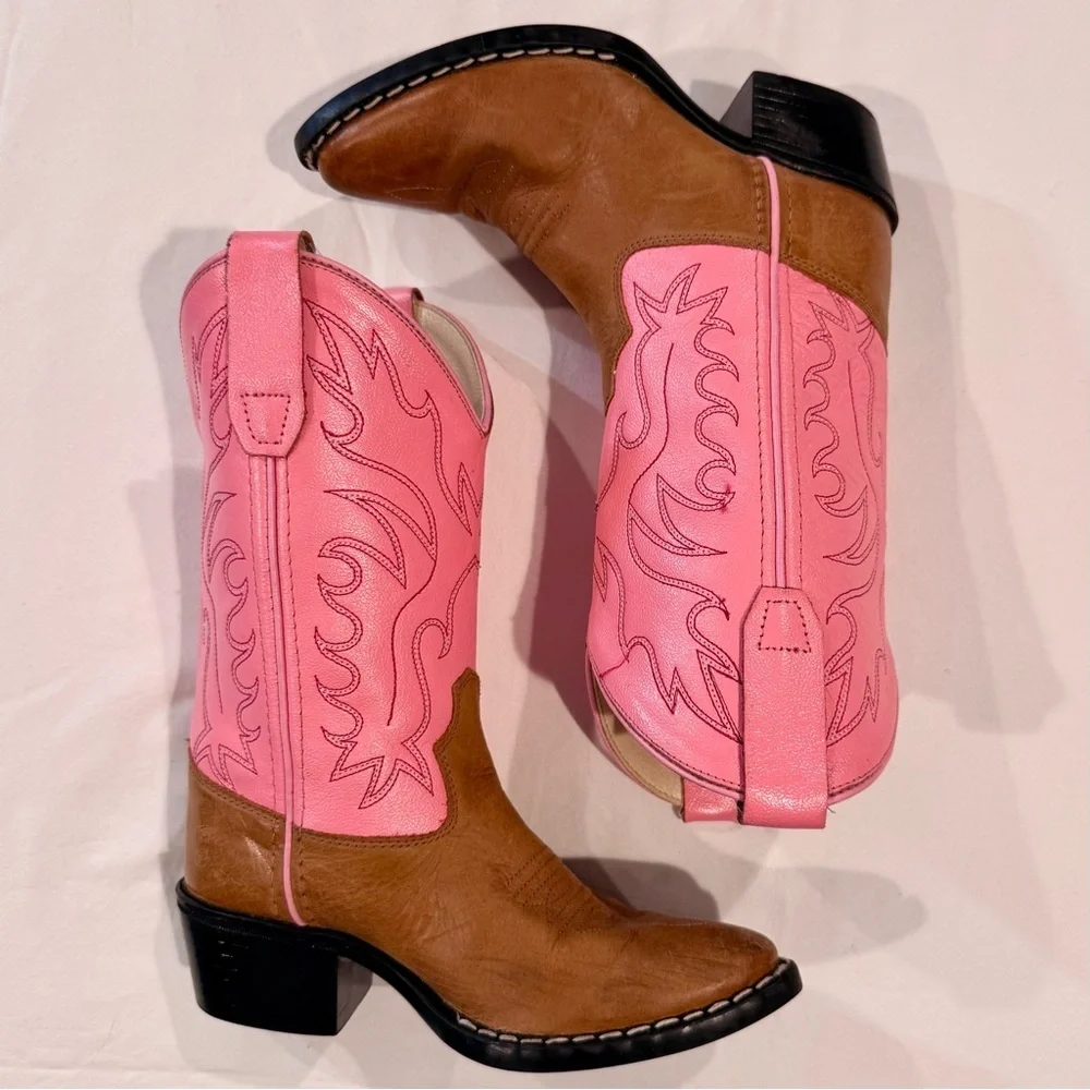 Old West Leather Cowboy Boots Girls 12.5 Tan Pink Calf Western 8139 Pageant